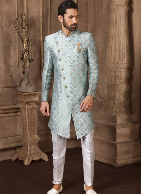 Sky Blue Colour Traditional Jacquard Silk Digital Print Party Wear Indo Western Mens Collection 9214